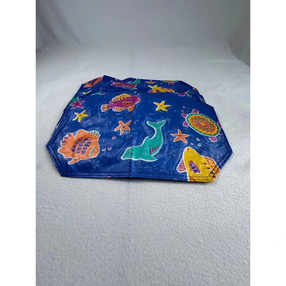 Coastal Sea Life Placemat Set Blue Ocean Fish Sea Turtle Wipeable Vinyl 4pc